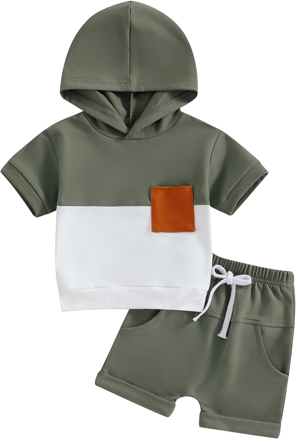 Toddler Baby Boy Summer Hooded Outfit Contrast Color Short Sleeve T Shirt Top Elastic Shorts Summer Clothes Set