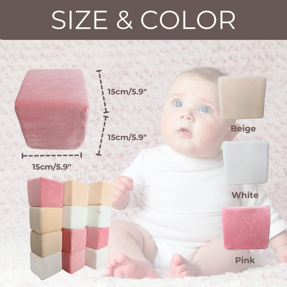Wonder Space Plush Foam Blocks - Nursery Building & Stacking Toys for Toddlers Boys & Girls, Soft Smooth Velvet Cover, Early Education Gross Motor Skills & Brain Development (12 Cubes, Soft Blush)