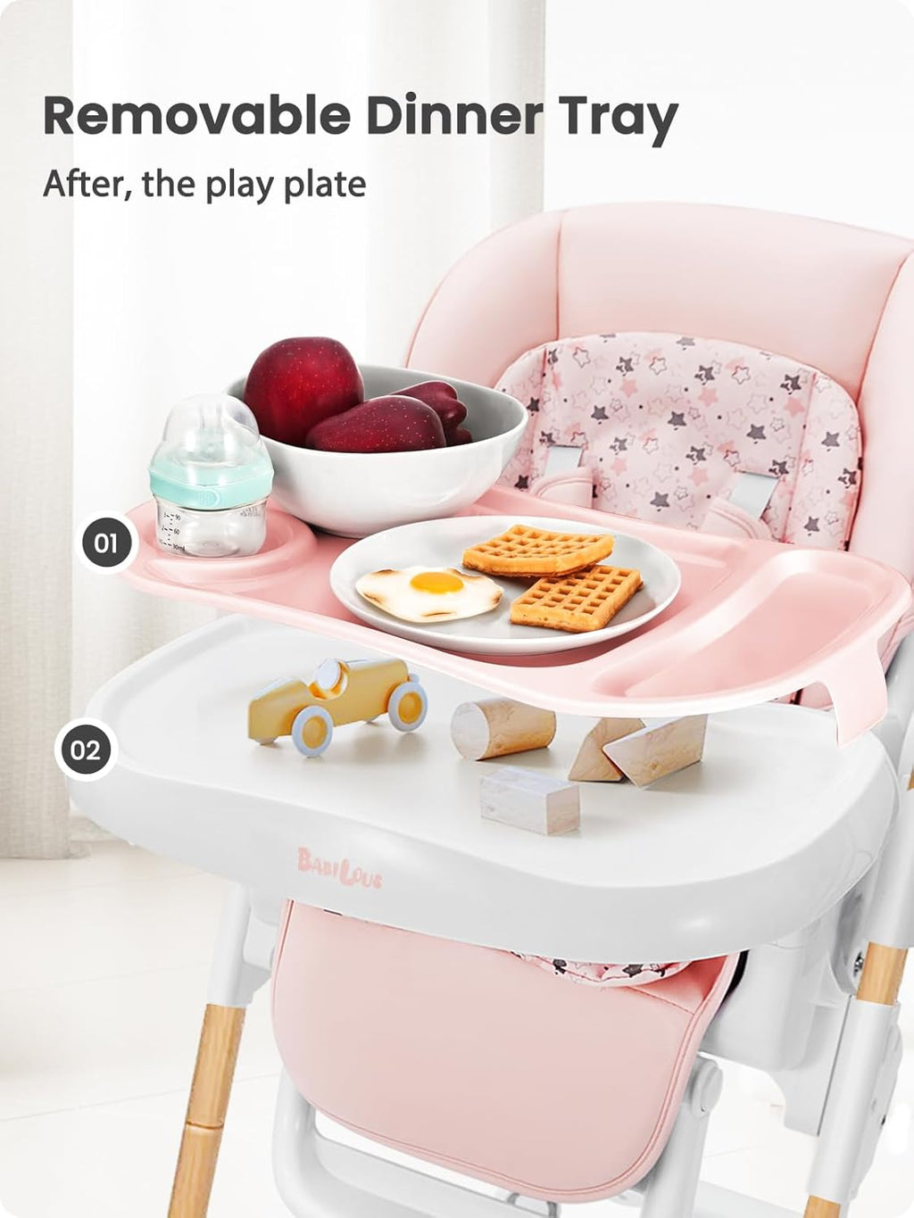 Foldable High Chair with Soft Cushion, High Chairs for Babies and Toddlers, Height Adjustable Feeding Chair, Adjustable Backrest and Footrest, Lockable Wheels, Woodgrain Star Pink