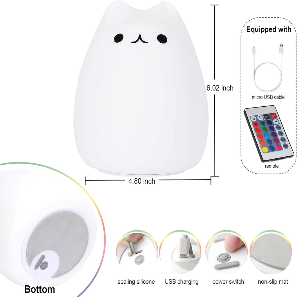 Cat Lamp, Cute Kitty Night Light with Remote Control, Christmas Gifts for Girls Boys Teens, Rechargeable Kids Night Light for Bedroom, Silicone Kawaii Kitty Baby Nursery Nightlight Lamp