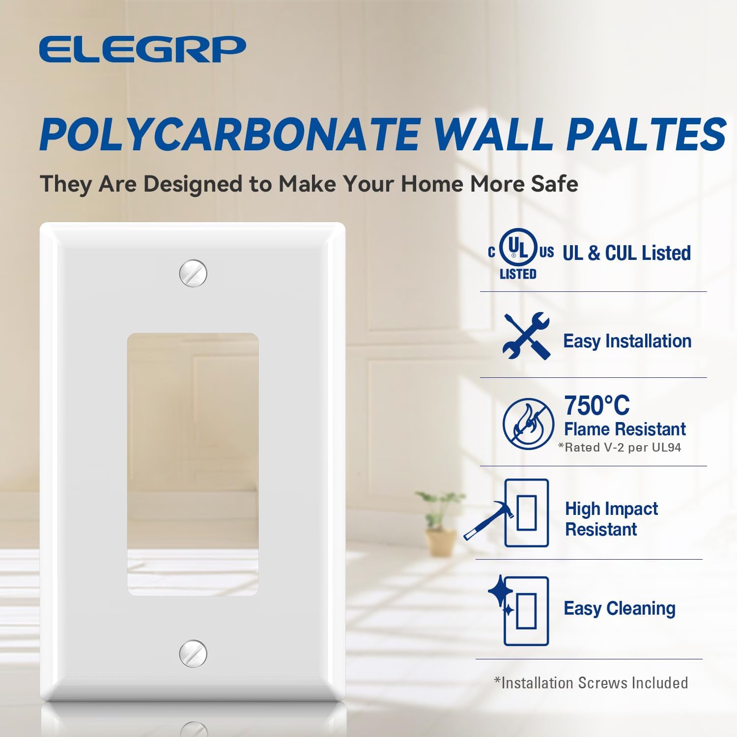 ELEGRP Decorative Receptacle Wall Plate, 1-Gang Mid Size Decorator Covers, Unbreakable Polycarbonate Faceplates for Decorator Device, UL Listed, Screws Included (2 Pack, Glossy White)