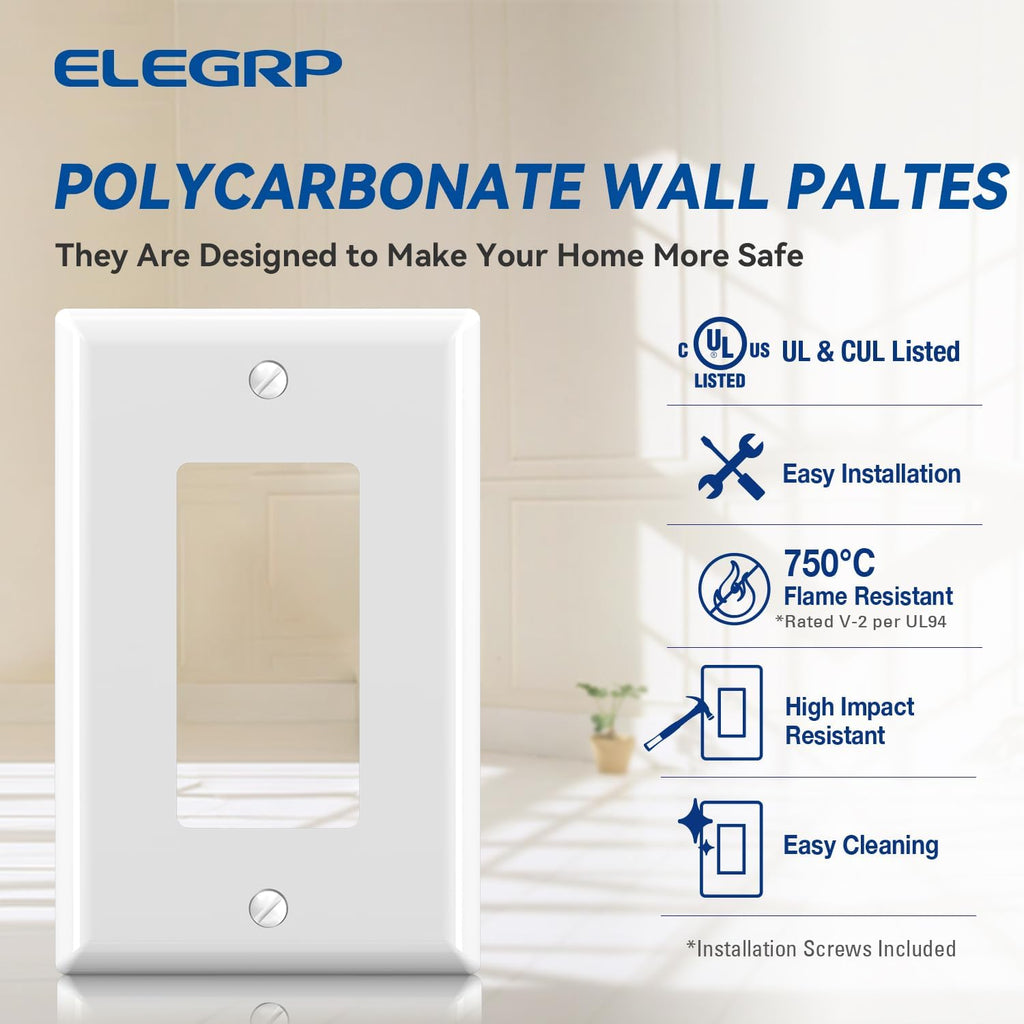 ELEGRP Decorative Receptacle Wall Plate, 1-Gang Mid Size Decorator Covers, Unbreakable Polycarbonate Faceplates for Decorator Device, UL Listed, Screws Included (1 Pack, Glossy White)