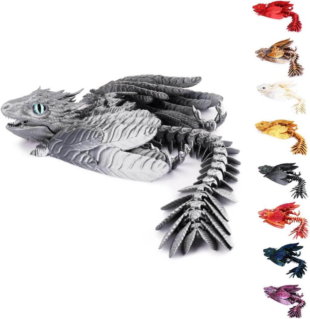 3D Printed Dragon with Wings 3D Printed Animals Articulated Dragon Fidget Dragon 3D Printed Toys Dragon Toy Desk Pets Home Office Decor (Sliver)