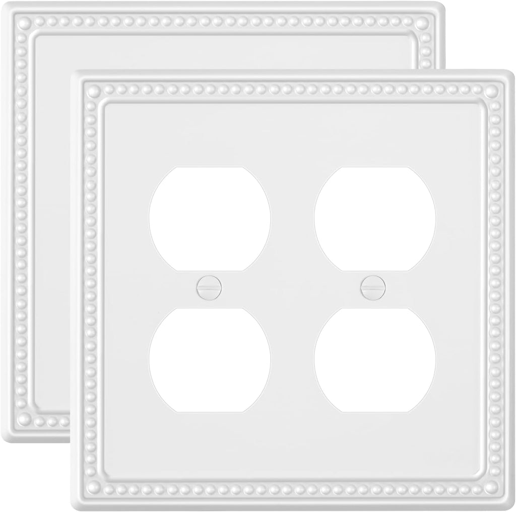 2-Pack Double Duplex Outlet Cover, Metal Switch Plates and Outlet Covers, Pure White Pearls Decorative Wall Plates for Electrical Outlets, 2 Gang Receptacle Cover, Corrosion Resistant