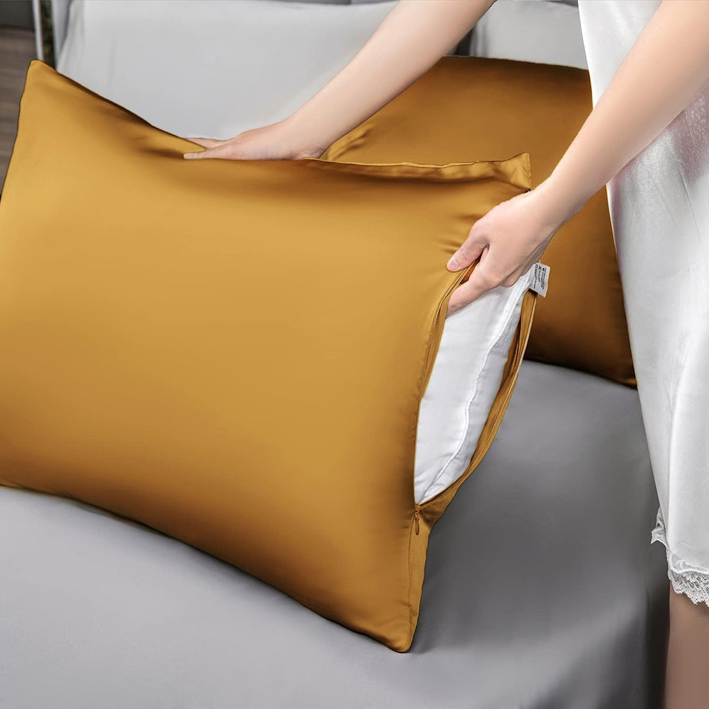Mulberry Silk Pillowcase for Hair and Skin,Queen Size Cooling Silk Pillow Case with Hidden Zipper,Allergen Proof Dual Sides Soft Breathable Smooth Silk Pillow Cover for Women(Queen,Golden)