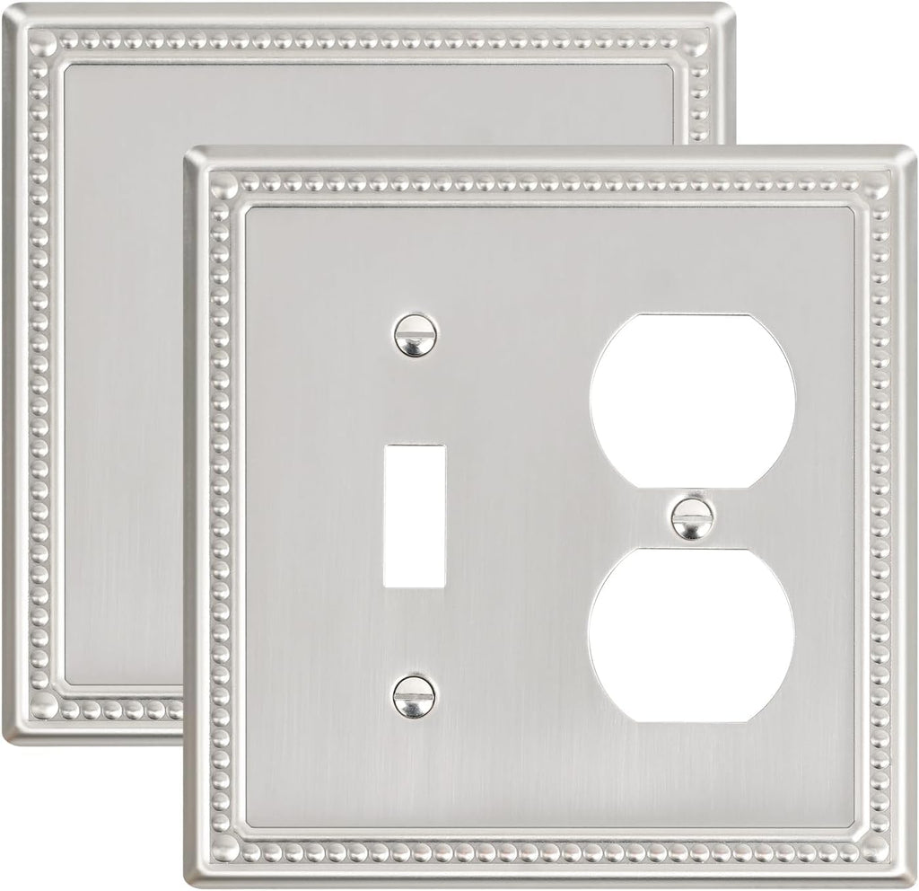 2-Pack Combo Toggle/Duplex Light Switch Cover Plate, Brushed Nickel Metal Wall Outlet Cover, Decorative Classic Beaded Wall Plate