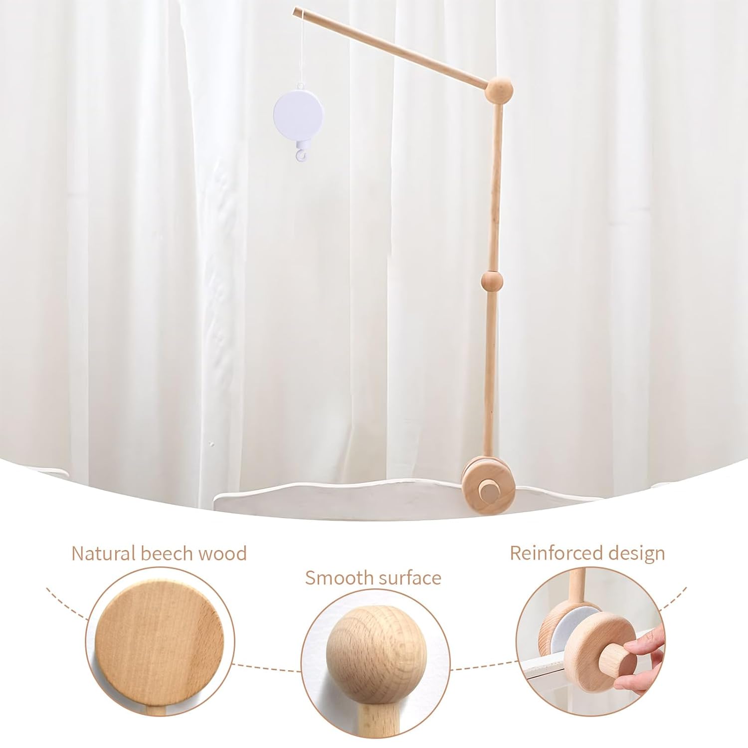 Baby Crib Mobile Arm Wooden Holder with Rotating Music Box Nursery Decor Attachment Safe Anti Slip Set for Baby Girls Boys Nursery Decor
