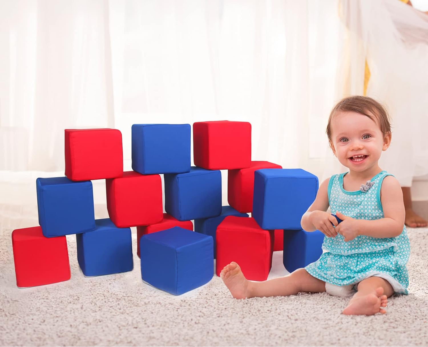 Toddler Foam Blocks, 16 PCS 5.5 inch Colourful Foam Soft Cubes for Kids, Stacking Block Sets Building Blocks Throwing Toys（Blue and Red）