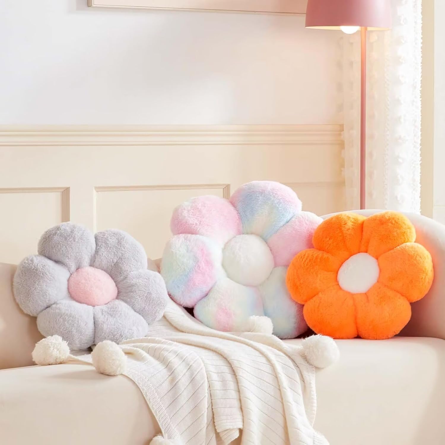 Rainbow Pink Flower Pillow, Cute Decorative Flower Shaped Throw Pillow with Faux Rabbit Fur, 14.9" Soft Flower Plush Throw Pillow Floor Pillows Room Décor for Bedroom Living Room