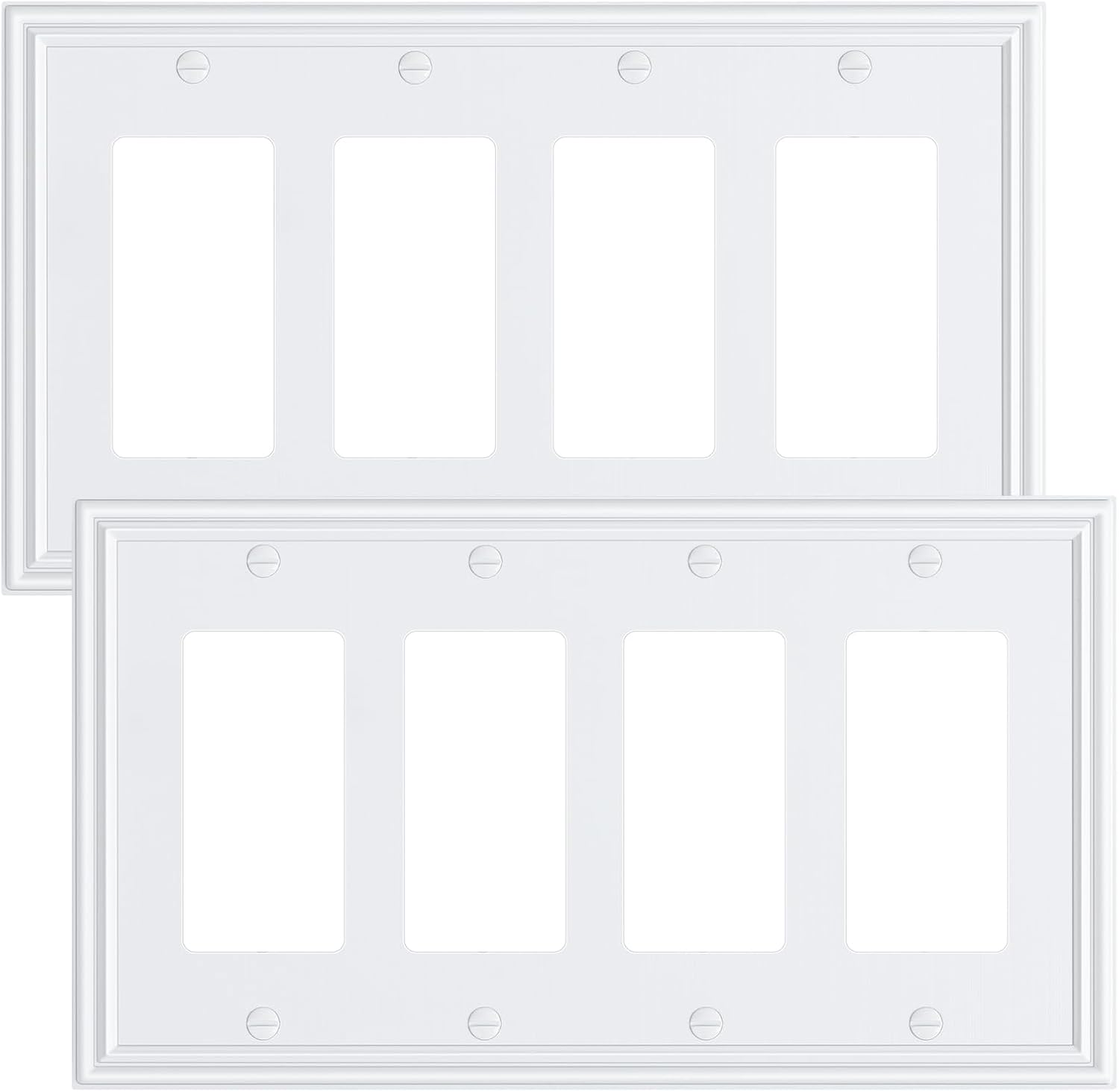 2-Pack Quad Decorator Outlet Cover Plate, Zinc Alloy Decorative Pure White Switch Plates and Outlet Covers, 4 Gang Wall Plates for Electrical Outlets, Receptacle, GFCI Outlet, Dimmer Switch