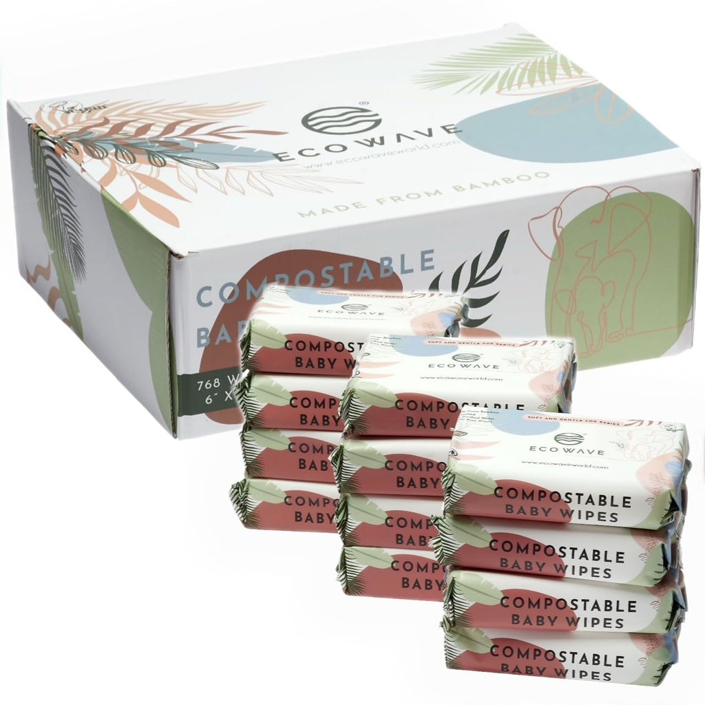 Eco Wave Baby Wipes, 100% Compostable Eco-Friendly Bamboo Wipes, Unscented, Hypoallergenic, Vegan, Alcohol-Free, Suitable For Sensitive Skin (Pack of 12)