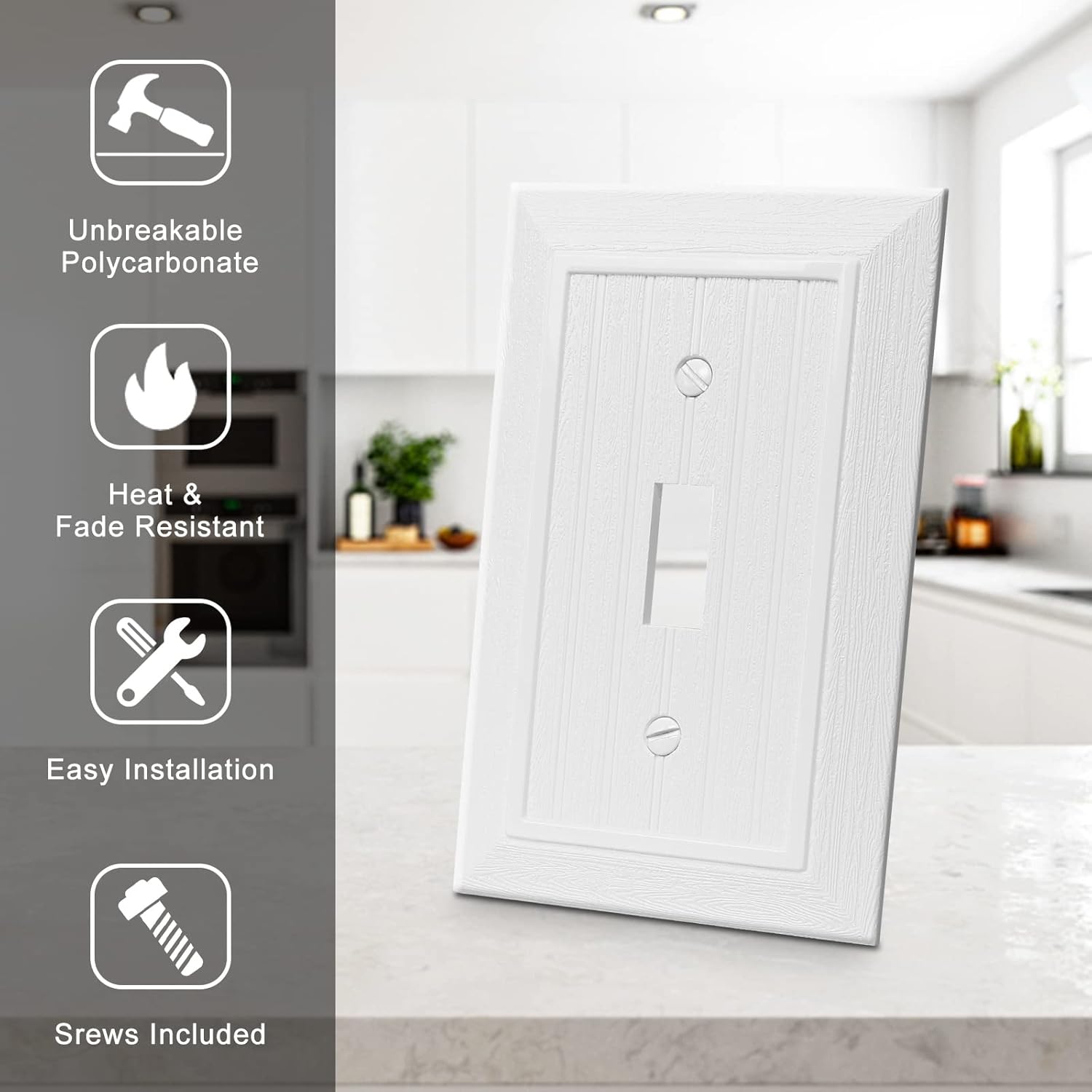 Modern Decorative Wall Plate Switch Plate Outlet Cover, Vintage Retro Wood Grain Design(Single Toggle-10 Pack, White)