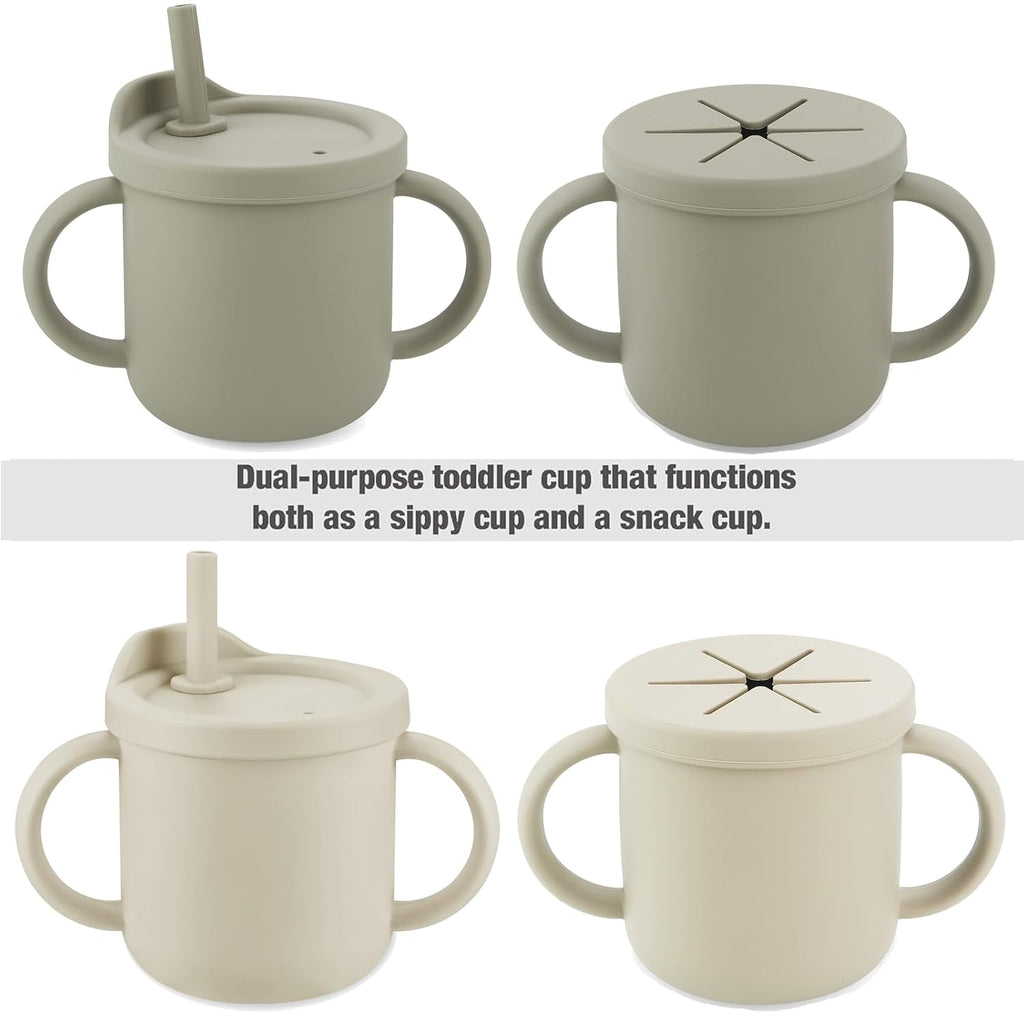 PandaEar 2 Pack Silicone Baby Straw & Snack Cup with 2 Spoons 2 Forks, Dual-Purpose Toddler Training Cups, Light Tan/Walnut