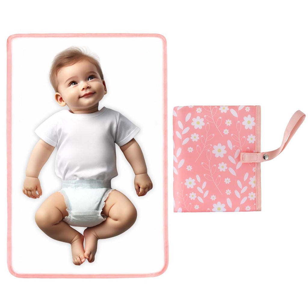 Portable Diaper Changing Pad for Baby - Waterproof Compact Changing Mat with Wrist Strap - Wipeable Travel Changing Pad for Diaper Bag - Gifts for Baby Shower by PHOEBUS BABY(Pink Flowers)