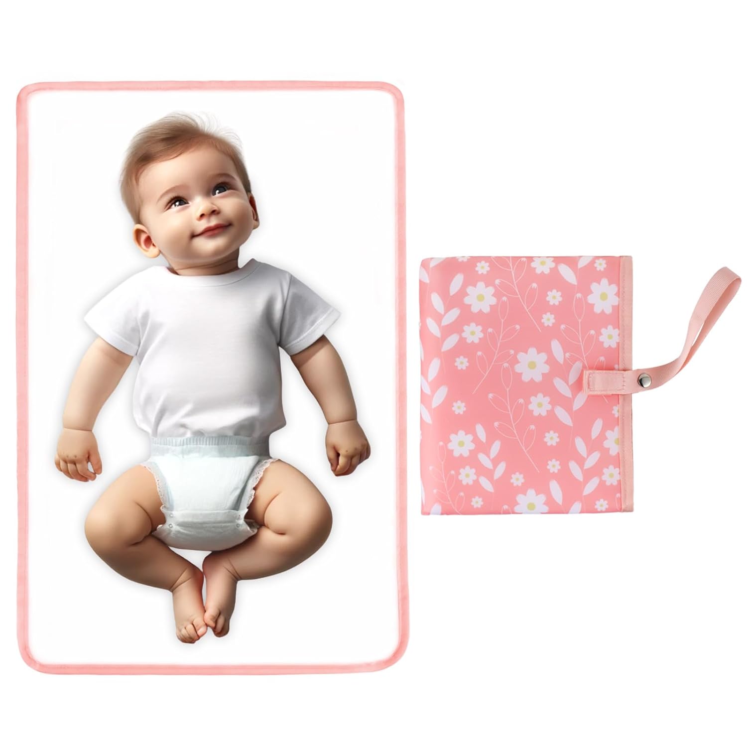 Portable Diaper Changing Pad for Baby - Waterproof Compact Changing Mat with Wrist Strap - Wipeable Travel Changing Pad for Diaper Bag - Gifts for Baby Shower by PHOEBUS BABY(Pink Flowers)