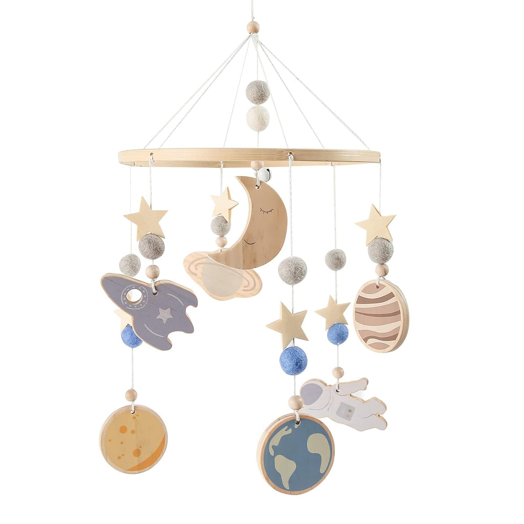 Space Nursery Mobile - Wooden Baby Mobile - Solar System Crib Mobile Astronaut Space Theme Nursery Bed Decoration, Gift for Newborn (Blue)