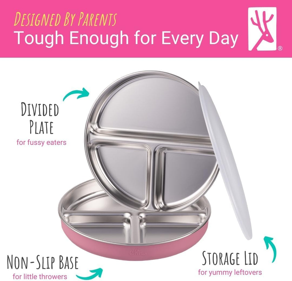 Stainless Steel Divided Plates + Silicone Sleeve and Storage Lid | Baby, Toddler, Kids | Dinner & Snack Plates | 4 Pack