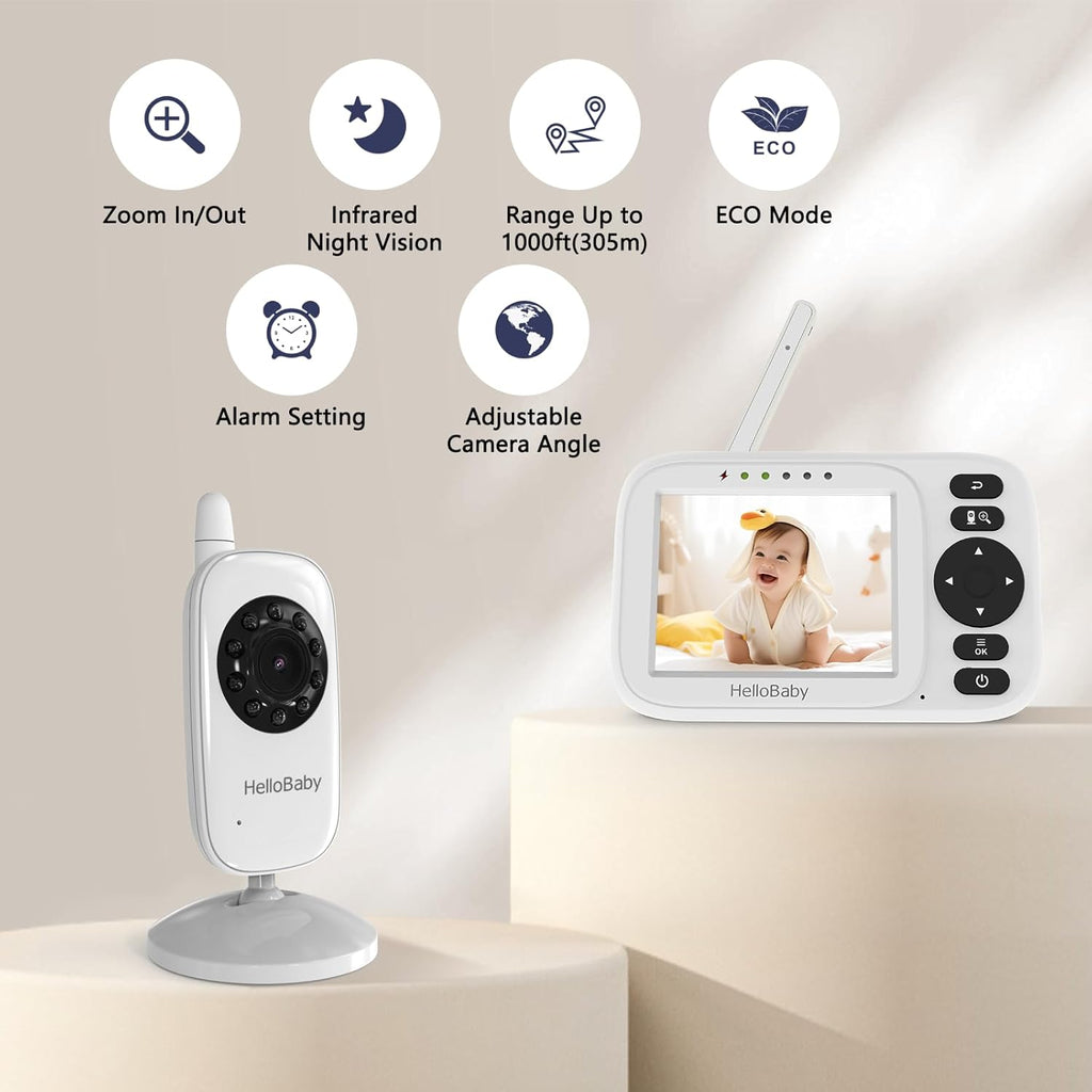 HelloBaby Baby Monitor No WiFi, Video Baby Monitor with Camera and Audio, 3.2'' IPS Screen, Pan-Tilt-Zoom Camera, Night Vision, 1000ft Range, USB Charger