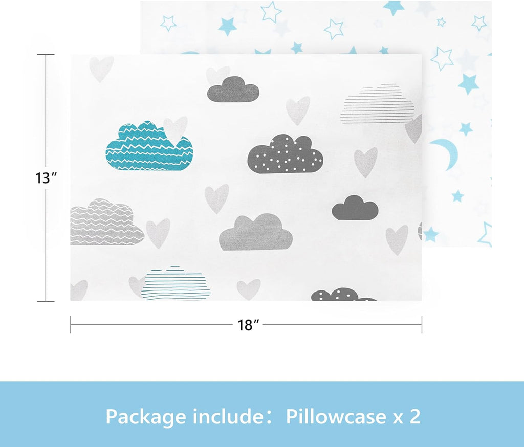 TILLYOU Toddler Pillowcase 2 Pack with Envelope Closure,Silky Soft Microfiber 13" x 18" Kids Travel Pillow Cases,Blue Clouds & Blue Stars
