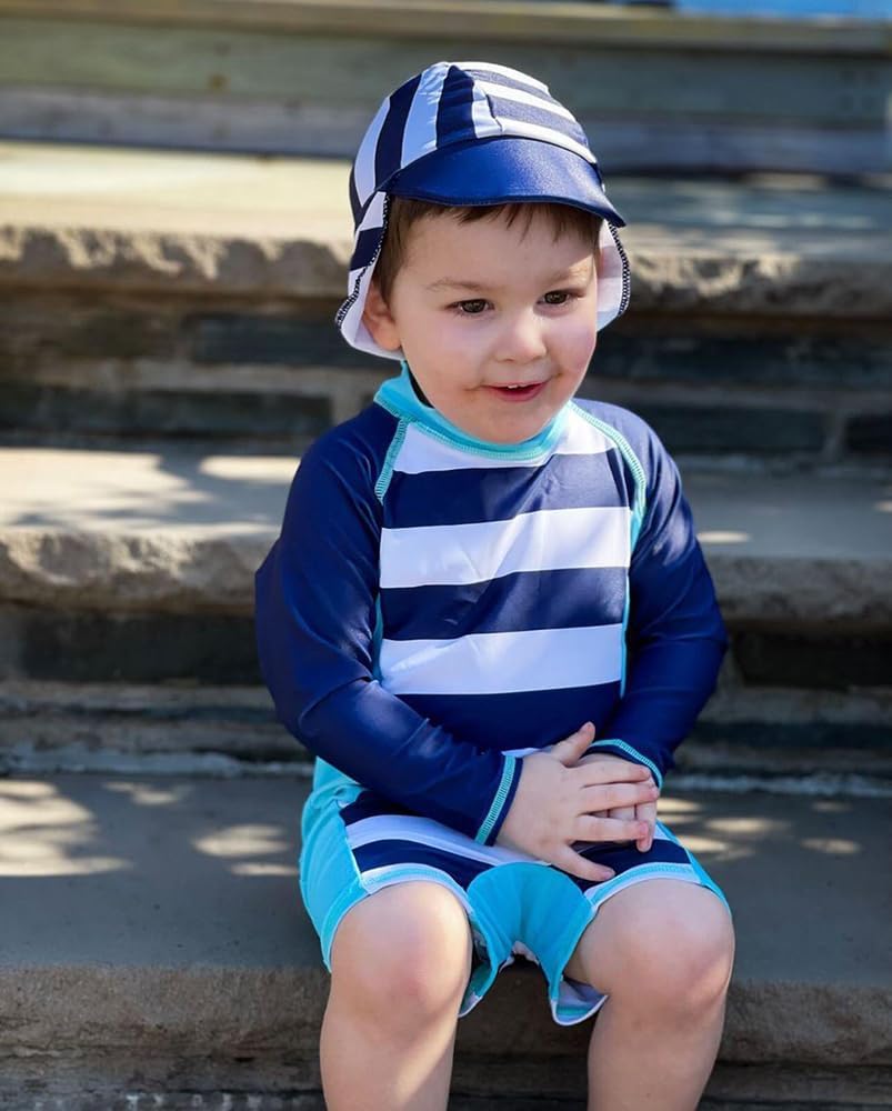 uideazone Baby Boys One Piece Swimsuit Long Sleeve UPF 50+ Rash Guard Bathing Suit Swimwear with Sun Hat 0-24 Months