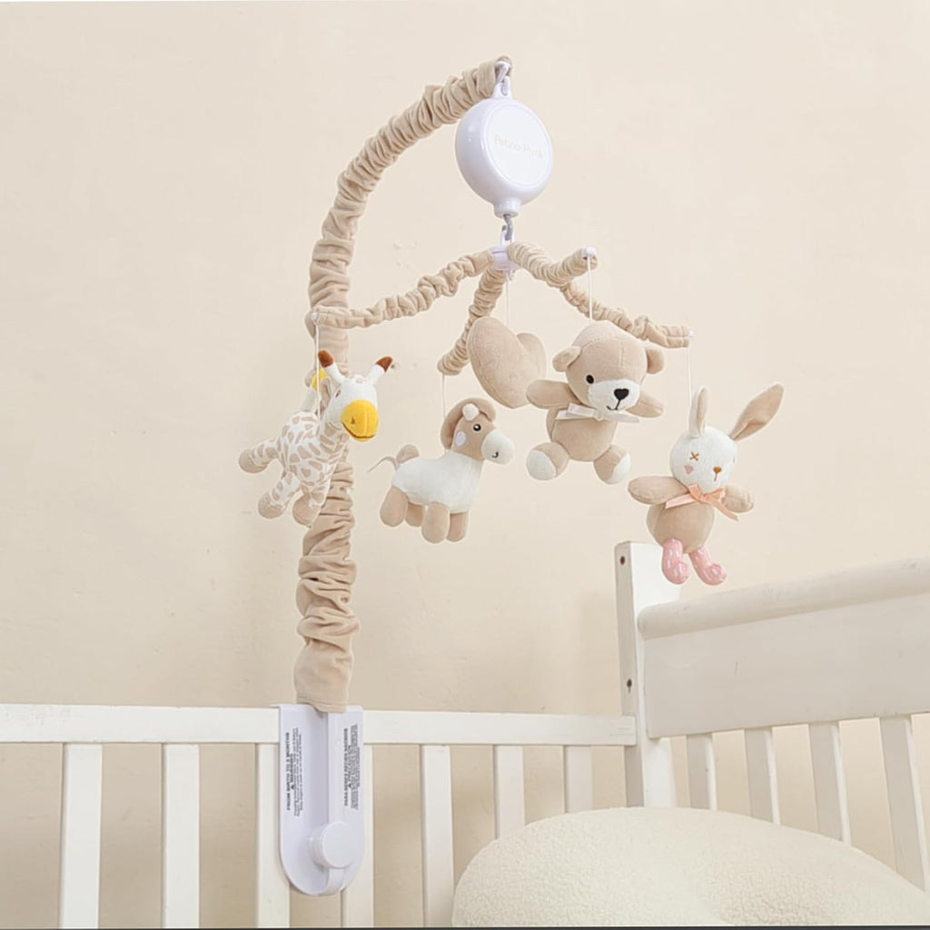 Musical Crib Mobile with 12 Lullabies, Rotating Arm and Detachable Plush Toys, Unisex Clip On Mobile for Standard Cribs, Baby Safe Materials for Sensory Development & Early Growth