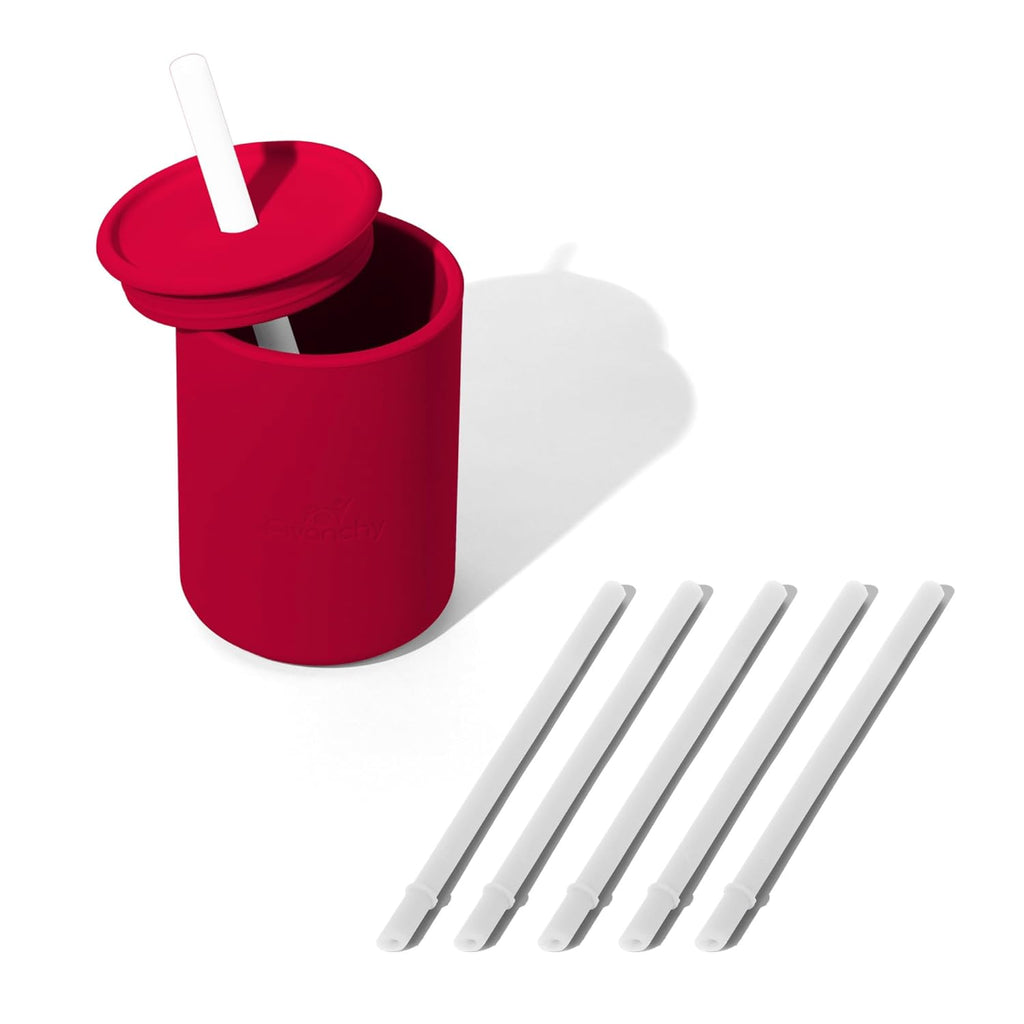 Avanchy Silicone Training Sippy Cup with Straw Lid – For Babies 6+ Months to Toddlers 1 Year Old – 8 oz Infant Water Cup for Baby Led Weaning, Magenta + 5 Reusable Straws