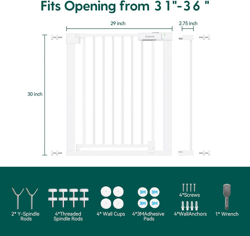 BABELIO Baby Gate for Doorways and Stairs, 31-36" Pet Gate with Wide Walk Thru Door and Lock Indicator, No Drill Pressure Mounted Safety Gate with Double Lock and Self-Closing, White