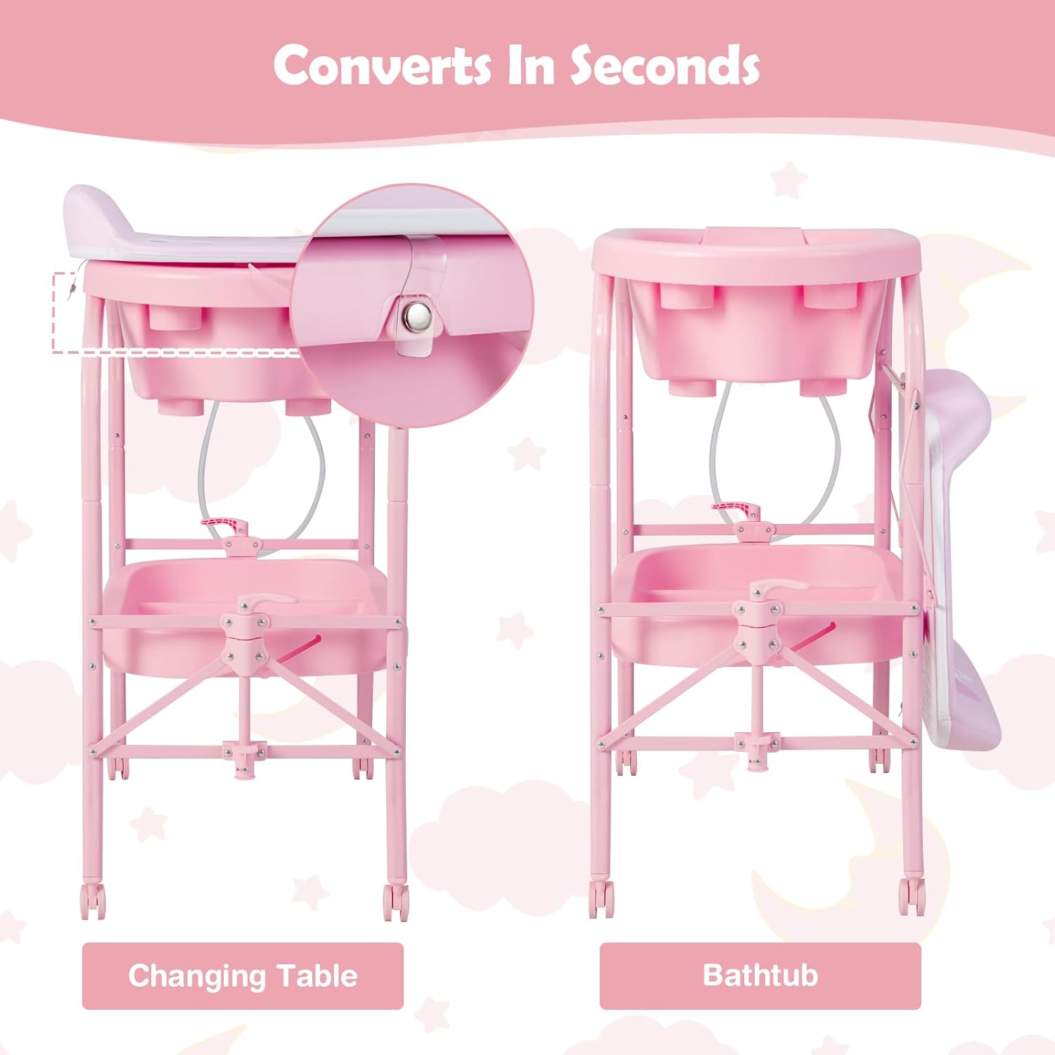 HONEY JOY Baby Changing Table with Bathtub, Foldable Infant Diaper Changing Station with Wheels, Storage Tray, Waterproof Pad, Portable Newborn Nursery Organizer Bath Stand for Boys Girls (Pink)