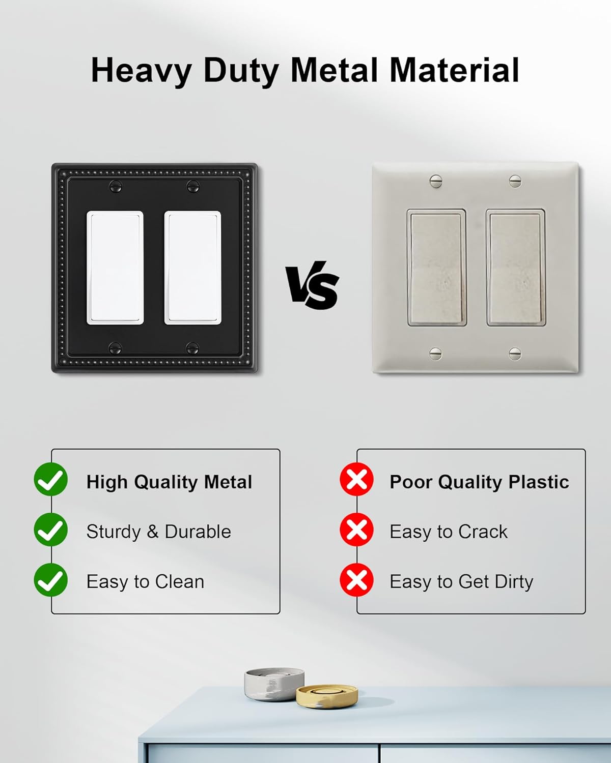 2-Pack Triple Toggle Light Switch Cover Plate, Pearls Decorative Switch Plate Covers, Black 3 Gang Metal Wall Plate, Corrosion Resistant