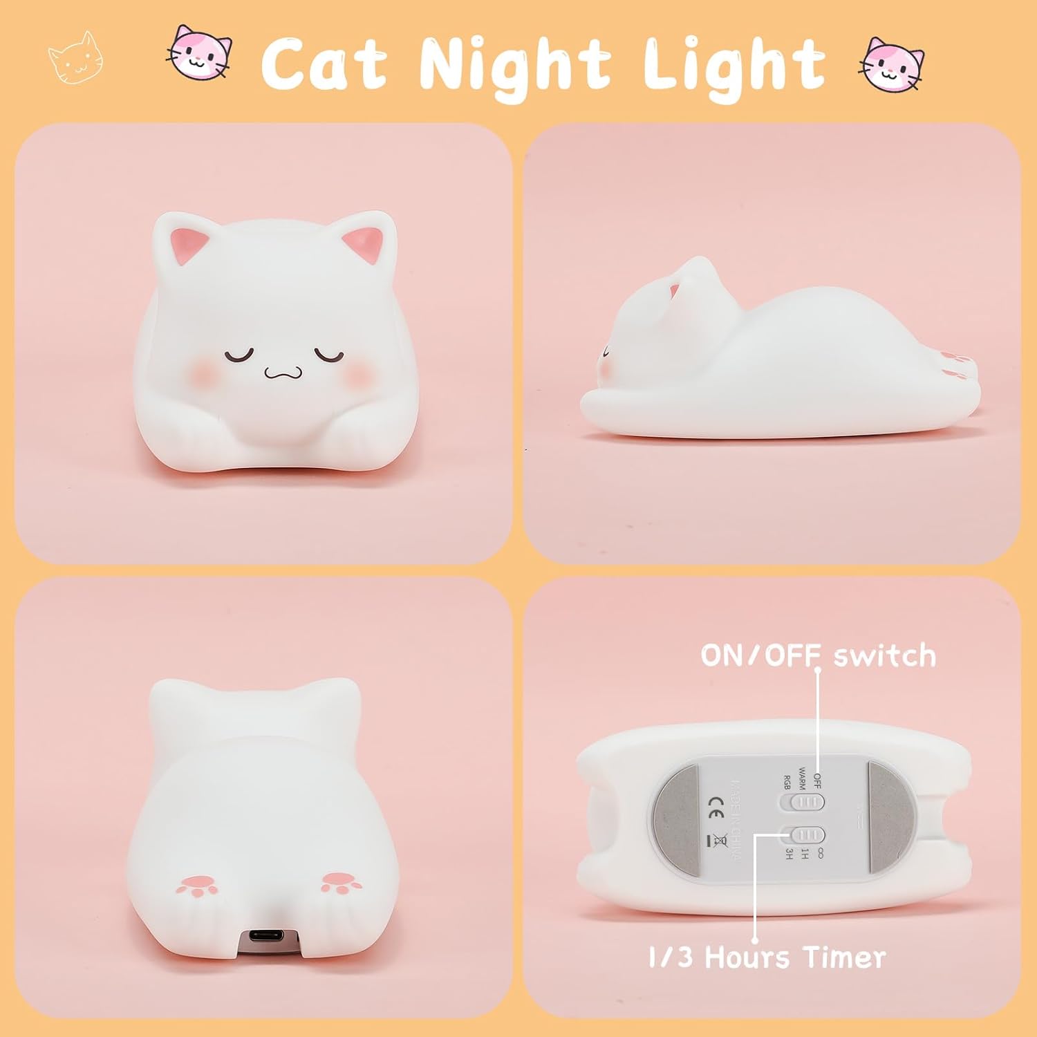 LOVERUIS Cute Night Light for Kids Cat Night-Light Baby Girl Squishy NightLight 1/3 Hour Timer Kitty Light Dimmable Nursery Lamp Colorful Nightlight Gift for Kid Toddler Kawaii Bedroom (Mimi)