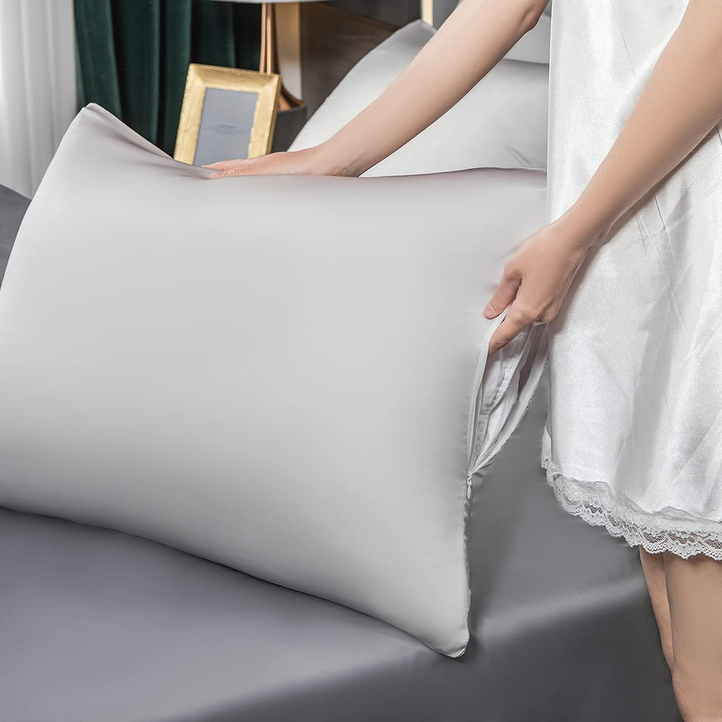 SIYUAN Silk Light Gray Pillowcase, Standard Size, Temperature Regulator, Beauty Anti-Aging, Hidden Zipper