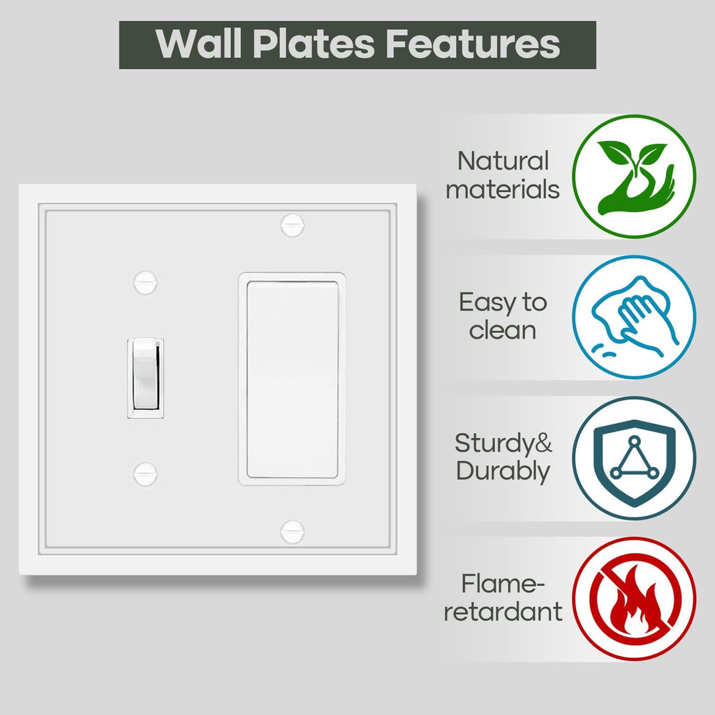 Toggle/Decorator Combo Light Switch Cover Plate White Classic Decorative Switch Plates Cover 2 Gang Wall Plate Cover for Duplex, Toggle, Combo, 2 Pack