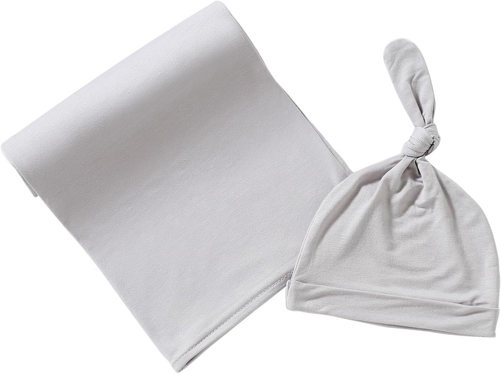 iEvolve Cotton Knitted Baby Swaddle Blanket with Hat Headband Set Newborn Swaddle Wrap Receiving Blankets for Baby Girl Boy 45" x 45"(Grey)