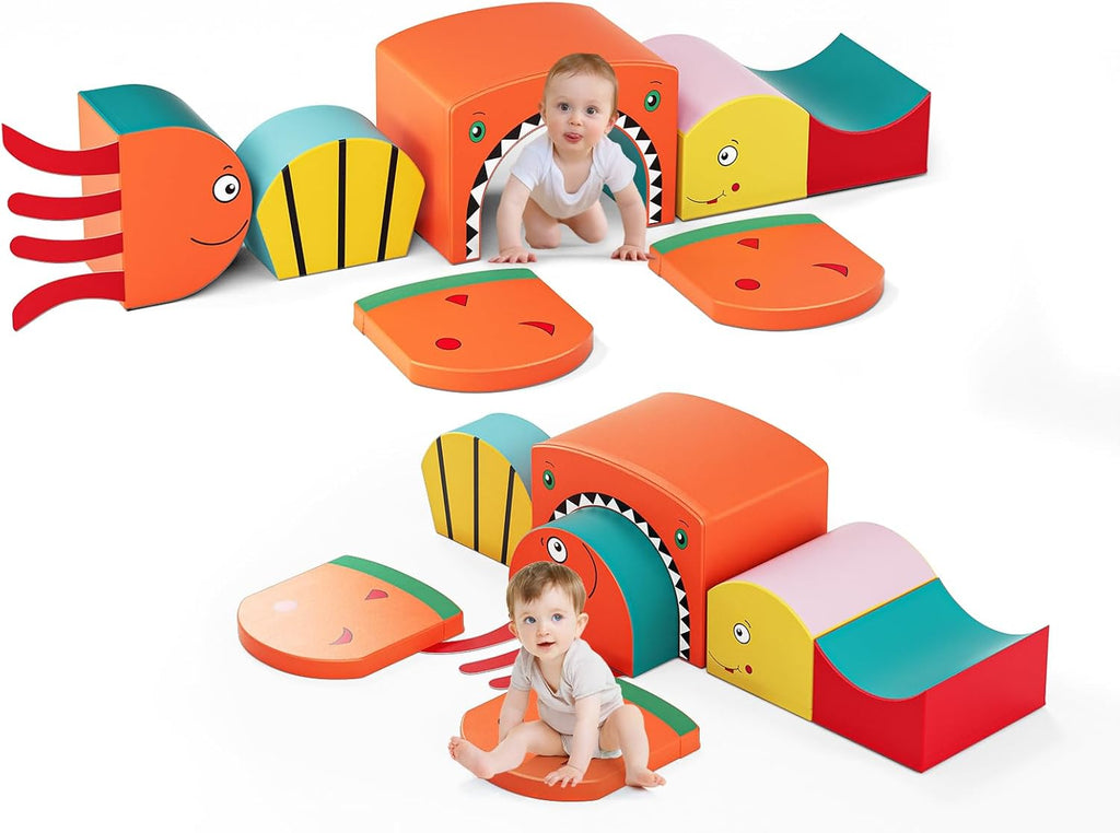 Lischwert Foam Climbing Blocks for Toddlers, Shark Theme Baby Climbing Blocks Soft Play Climbing for Toddlers with Foldable Block and Tunnel Indoor Climbing Toys for Toddler 1-3, 6 Pieces