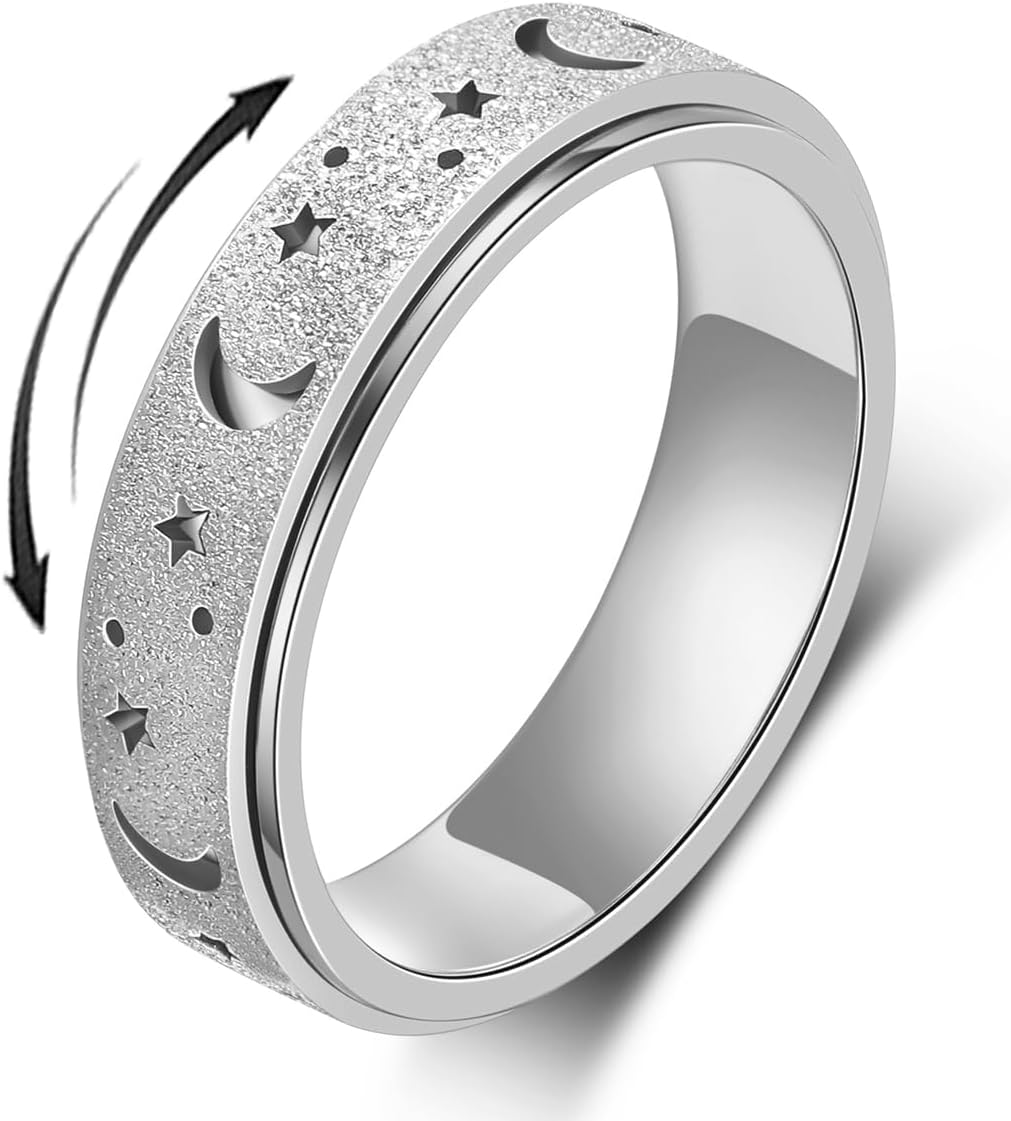Anxiety Ring for Women Men, Titanium Stainless Steel Spinner Ring, 5 Colors, 6MM, Size 6-10, 3 Styles Anxiety Ring-Moon Star, Sandblasted Finished, Hollow Outer