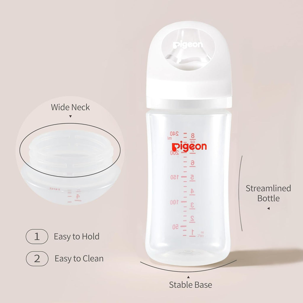 Pigeon PP Nursing Bottle Wide Neck, Anti-Colic, Streamlined Body, Natural Feel, Easy to Clean, 8.1 Oz(Pack of 4), Includes 4pcs M Nipples (3m+)