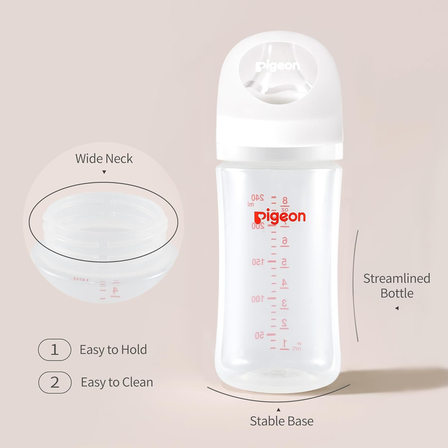 Pigeon PP Nursing Bottle Wide Neck, Anti-Colic, Streamlined Body, Natural Feel, Easy to Clean, 8.1 Oz(Pack of 4), Includes 4pcs M Nipples (3m+)