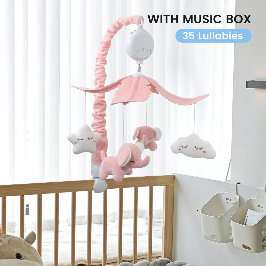 FEISIKE Crib Mobile for Girls Baby Mobiles with 3 Modes Digital Music Box（Turn Only, Music Only, Turn & Music, 35 Lullabies, Pink Elephant Nursery Mobile, Clamp Type, Pretty Box Packaging