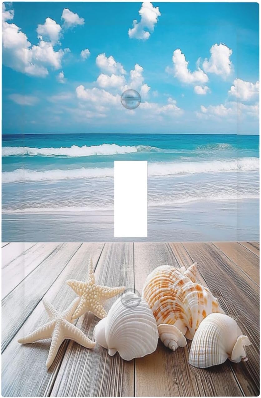 Decorative Light Switch Cover Beach Waves Brown Wood Starfish Shells 1 Gang Single Toggle Device Electrical Faceplate Switchplates Decorator Outlet Wall Plate For Bathroom Living Room