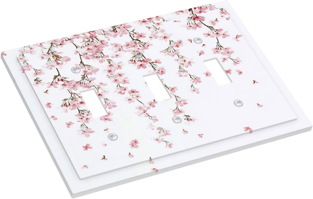 Decorative Switch Plates Sakura Plant Floral Pink Flowers 3 Gang Wall Plate Triple Toggle Light Switch Cover Faceplate Electrical Wall Panels For Bed Room Living Room Decor
