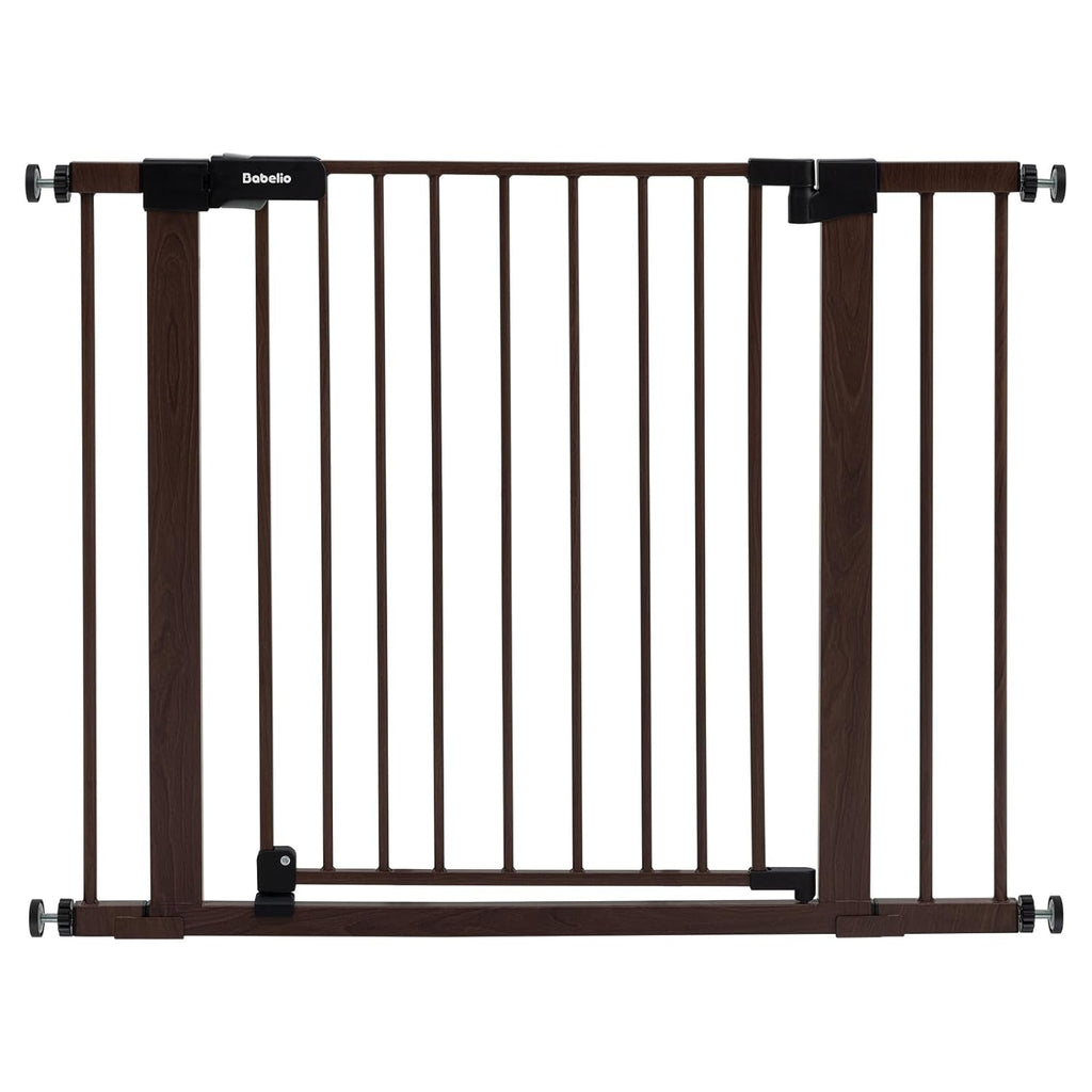 BABELIO 29-40" Metal Baby Gate with Black Wood Pattern, Auto Close Dog Door for The House、Stairs and Doorways, Pressure Mounted Pet Barrier, with Wall Protectors and Extenders