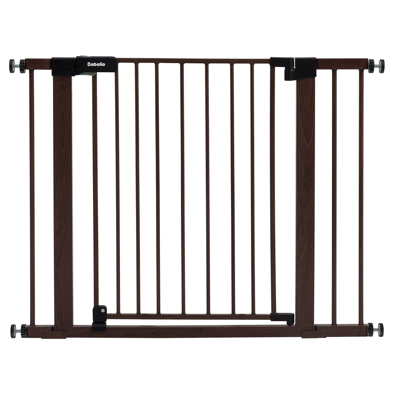 BABELIO 29-40" Metal Baby Gate with Black Wood Pattern, Auto Close Dog Door for The House、Stairs and Doorways, Pressure Mounted Pet Barrier, with Wall Protectors and Extenders