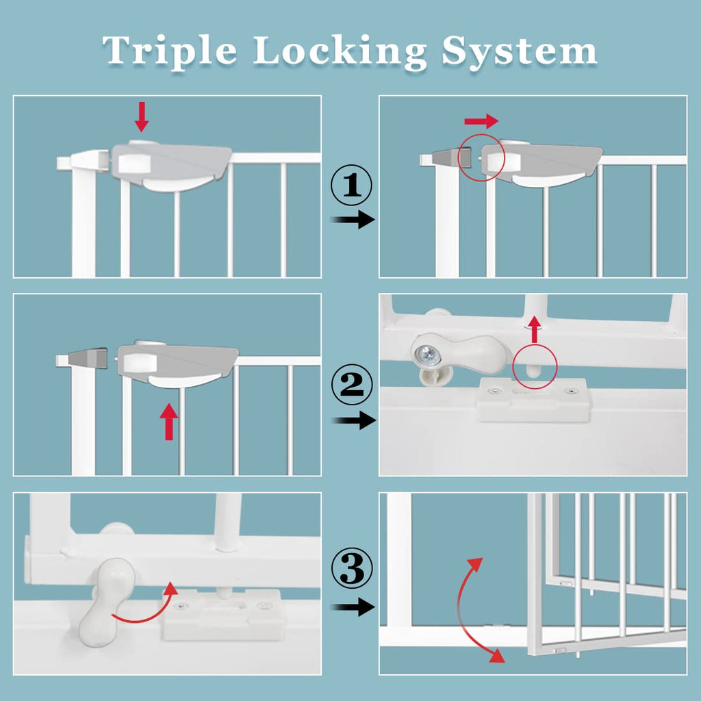 WAOWAO Triple Lock Baby Gate Extra Wide 62.59-67.32" Pressure Mounted Walk Through Swing Auto Close Safety White Metal Dog Pet Puppy Cat for Stairs,Doorways,Kitchen