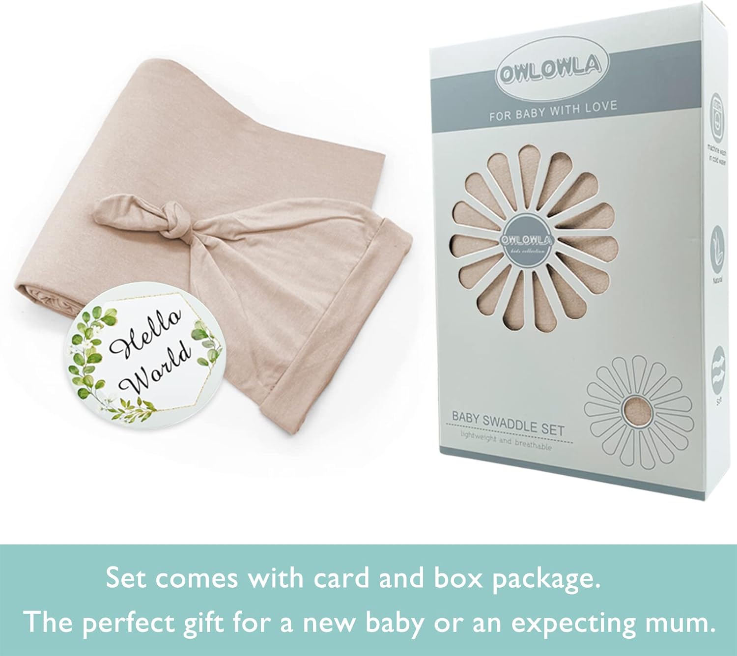 OWLOWLA Swaddle Blanket and Hat Set Newborn Swaddle Wrap Baby Receiving Blanket for Baby Boys Girls(Sand)