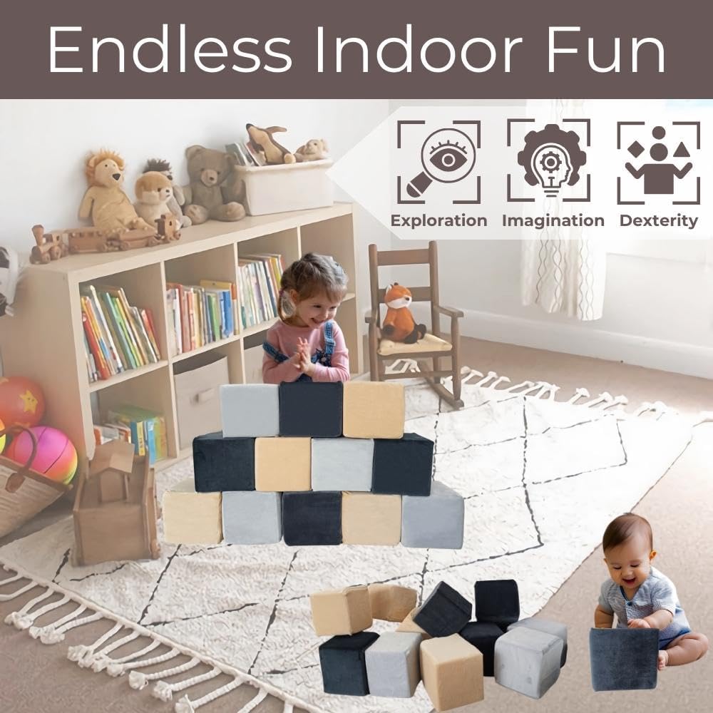 Wonder Space Plush Foam Blocks - Nursery Building & Stacking Toys for Toddlers Boys & Girls, Soft Smooth Velvet Cover, Early Education Gross Motor Skills & Brain Development (12 Cubes, Castle Rock)