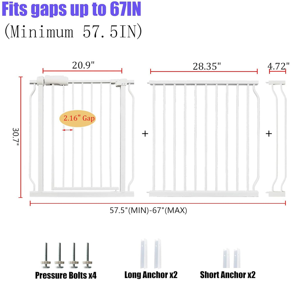 Extra Wide Baby & Dog Gate 62-67 Inch, Pressure Mounted No Drilling, Adjustable Indoor Safety Gate for Stairs & Wide Doorways - Metal Design for Kids and Pets, White