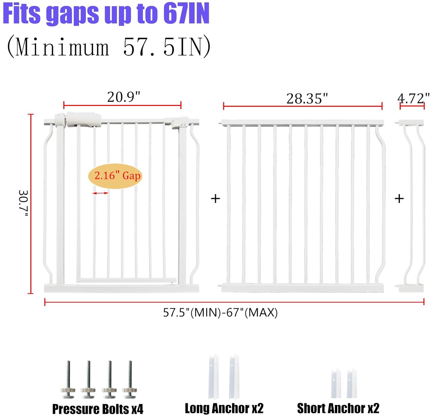 Extra Wide Baby & Dog Gate 62-67 Inch, Pressure Mounted No Drilling, Adjustable Indoor Safety Gate for Stairs & Wide Doorways - Metal Design for Kids and Pets, White
