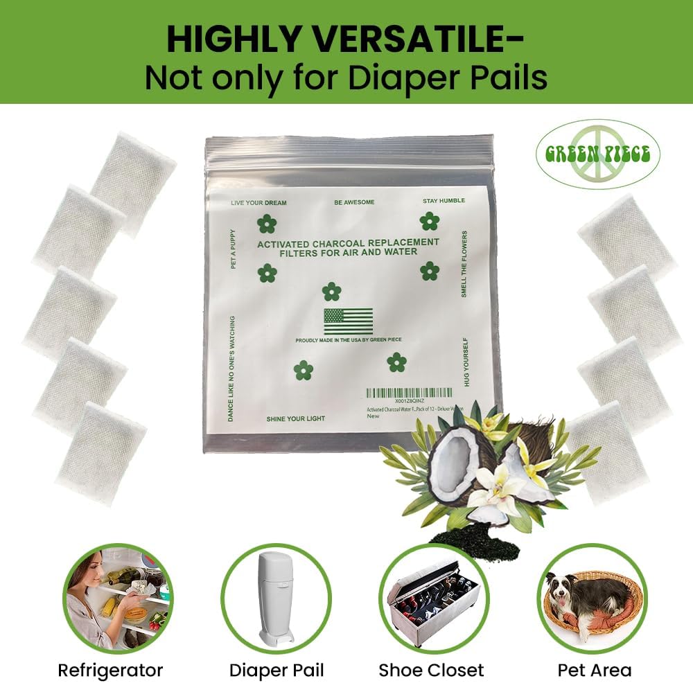 Green Piece® 12 Pack - Overstuffed - All-Natural Baby Diaper Pail Deodorizer | Activated Charcoal Air Purifier Compatible with Diaper Pails, Shoe Closets, Trash Cans, Pets - Made in The USA