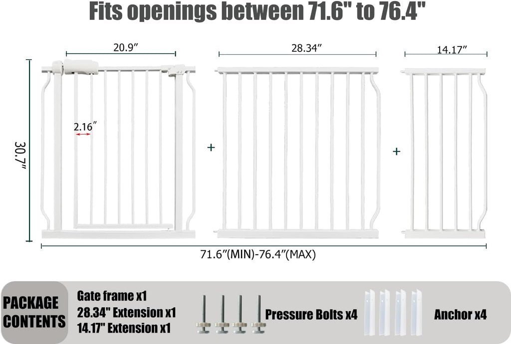 Extra Wide Baby Gates - 71.6-76.4 Inch, Heavy Duty Baby & Pet Safety Gate, White Metal, Tension Mounted Child & Pet Gates for Stairs & Doorways