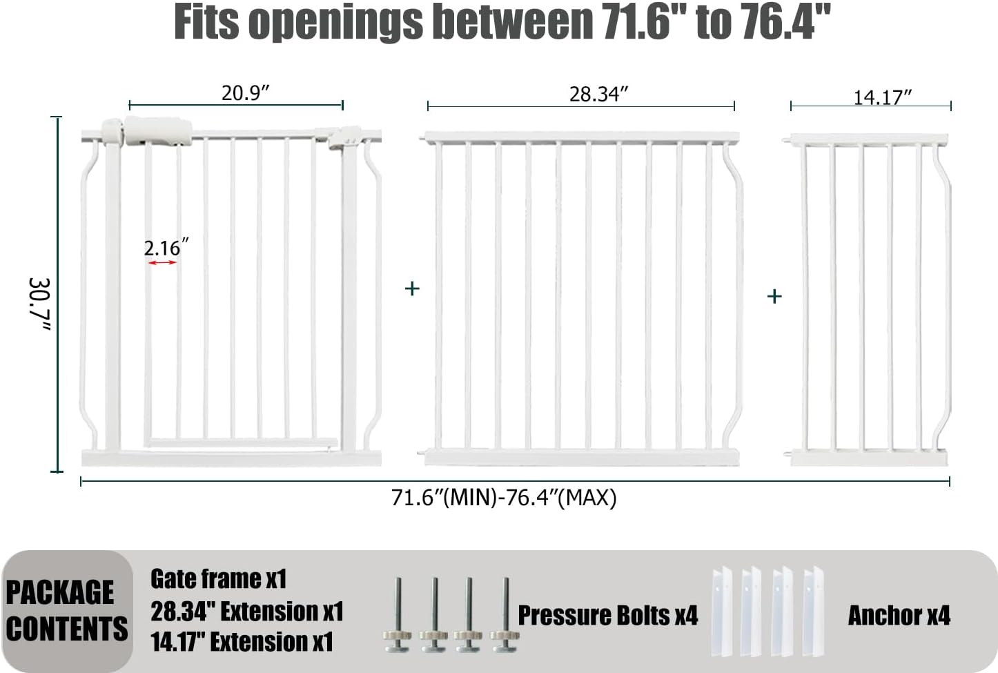 Extra Wide Baby Gates - 71.6-76.4 Inch, Heavy Duty Baby & Pet Safety Gate, White Metal, Tension Mounted Child & Pet Gates for Stairs & Doorways